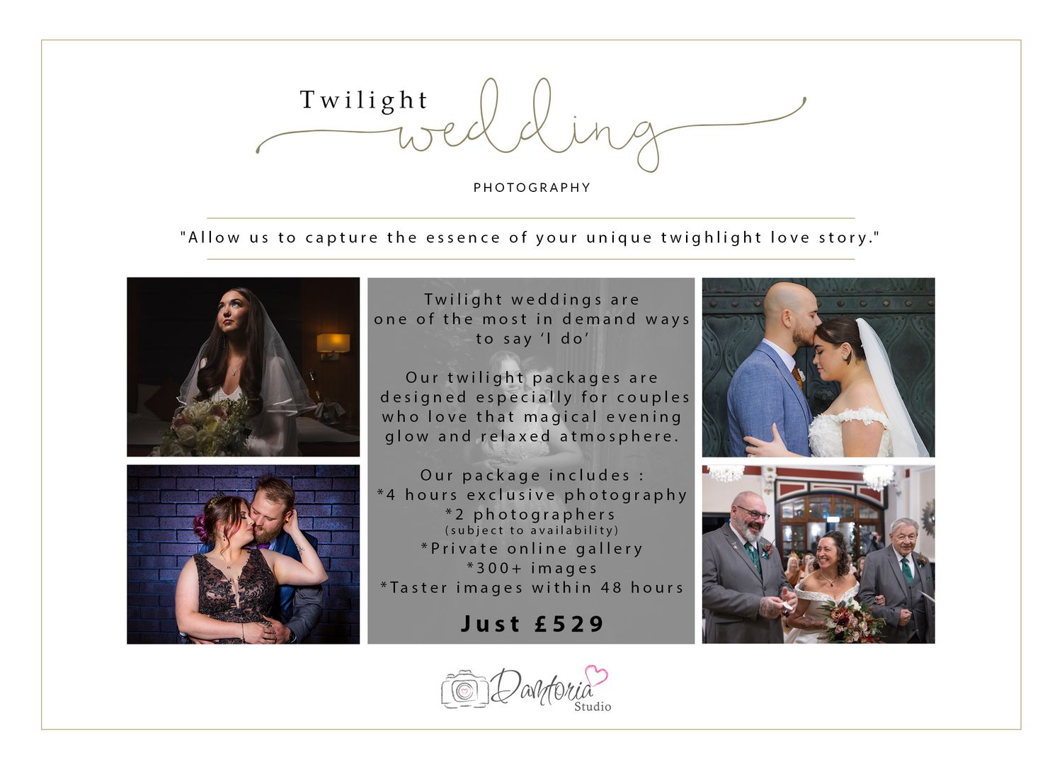 A wedding photography website design mockup displays multiple romantic images and pricing information in a clean layout.