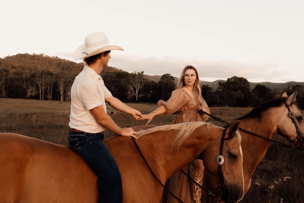 A series of six photos showing a person riding and interacting with a brown horse in a rural outdoor setting.