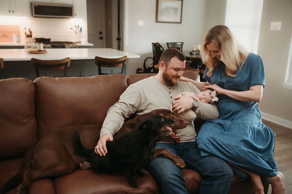Couple sitting on brown leather sofa with dog, holding newborn baby in cozy home living room.