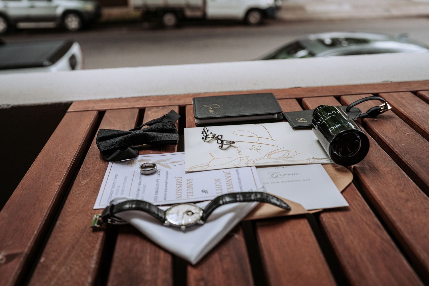 A series of six photos showing handwritten notes and documents laid out on a wooden surface in natural light.