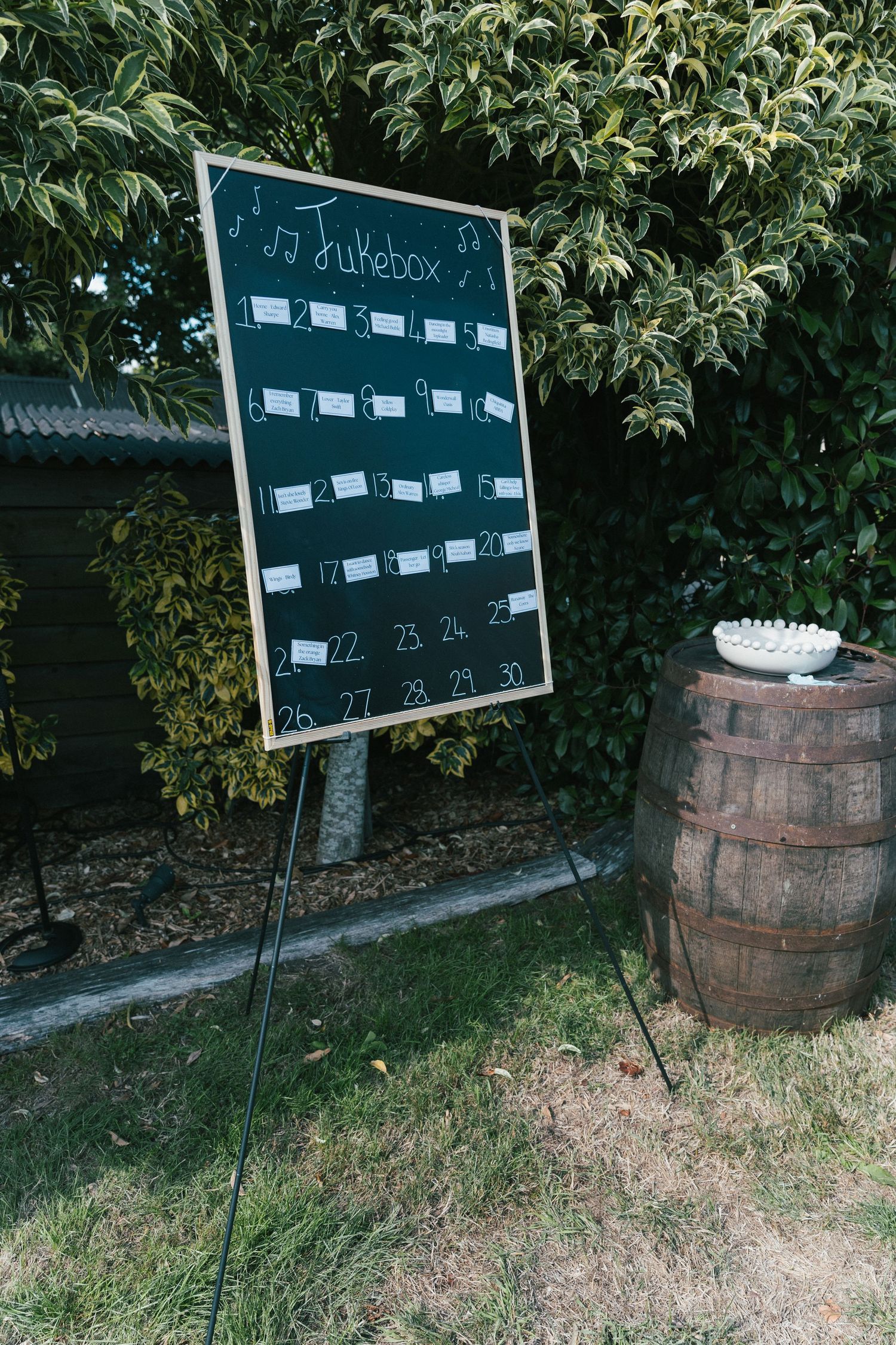 A chalkboard seating chart display set up outdoors with rustic wooden barrels.