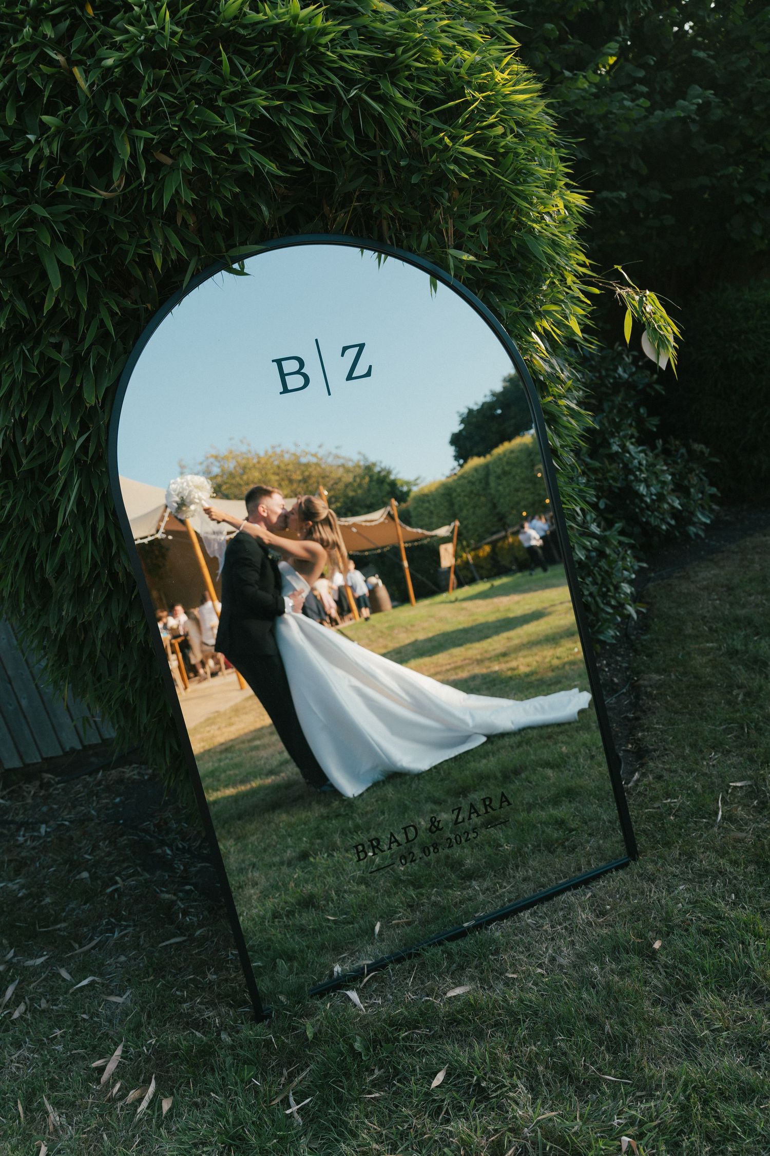 A series of mirror reflections capturing moments from an outdoor celebration.
