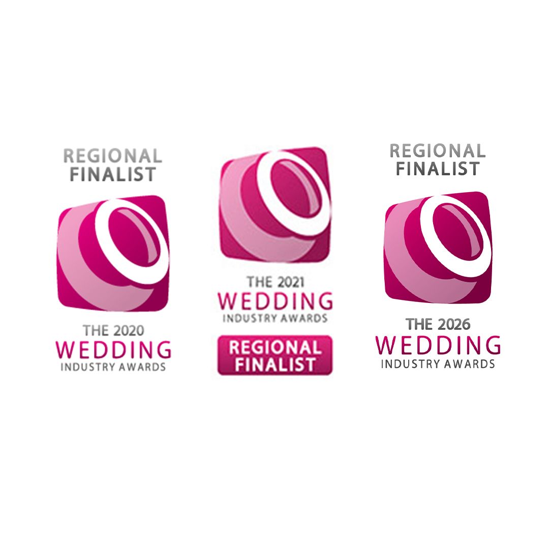 Row of pink and white wedding industry award finalist badges and logos arranged horizontally.