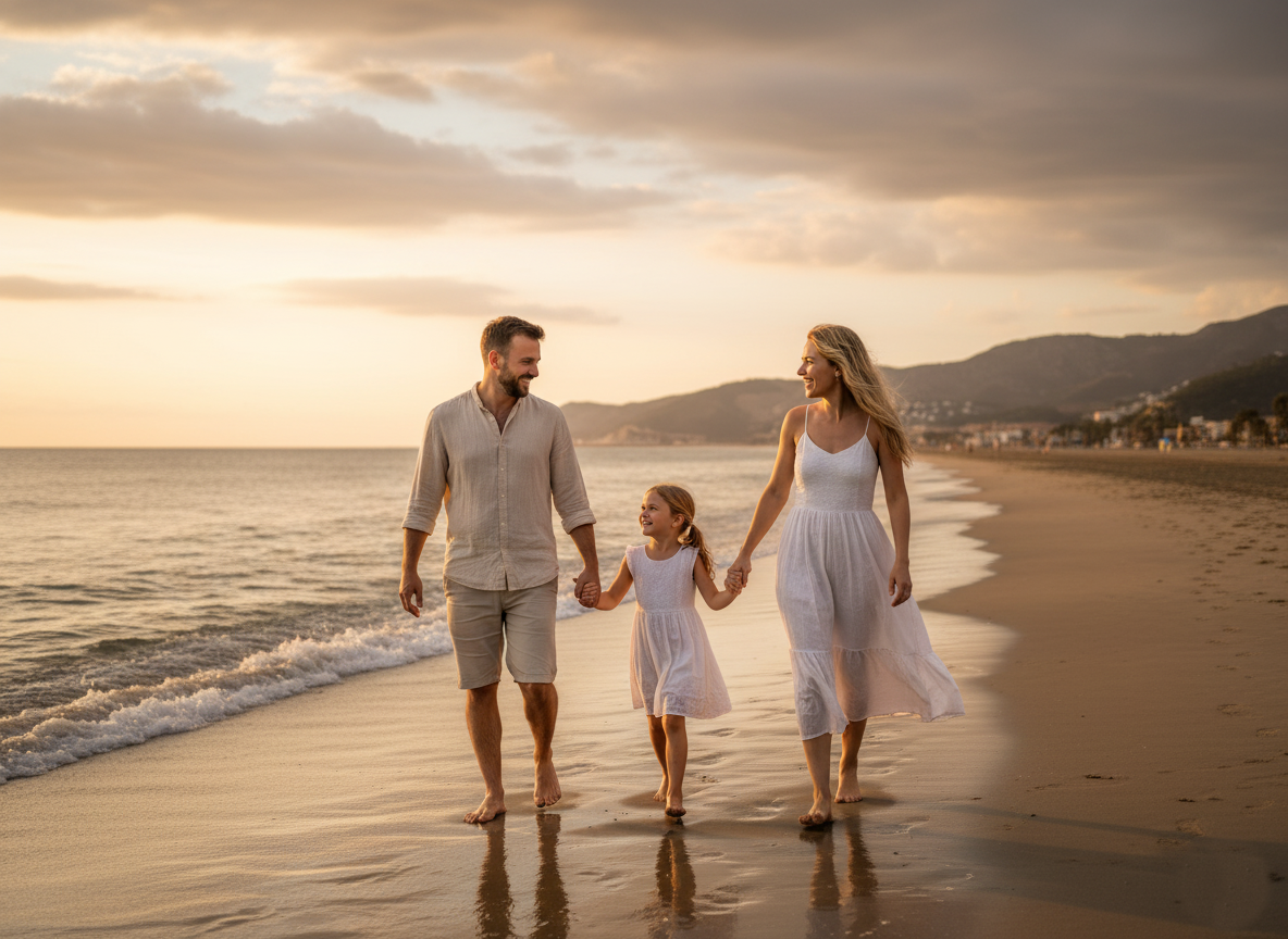 Familia paseando por la orilla del mar al atardecer dorado. Fotografía familiar profesional en la playa por Daniel Giménez Barcelona.