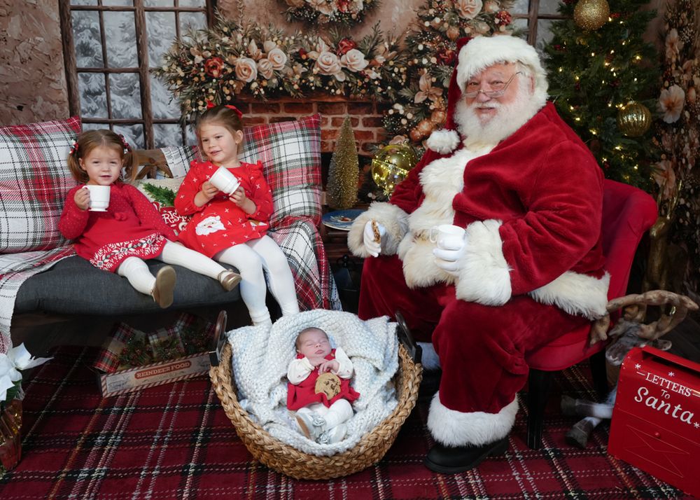 A festive Christmas photo collage showing multiple holiday scenes with decorations and plaid patterns.