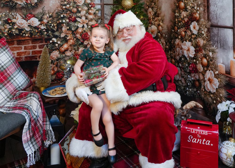 A collection of holiday portraits with a traditional Santa Claus figure in a festive setting with Christmas decorations.