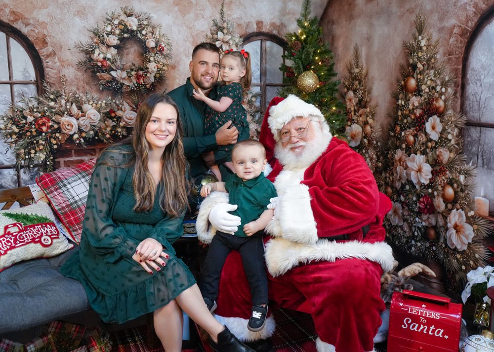 A festive holiday photo collage featuring multiple shots of families posing with Santa Claus in a decorated winter setting.