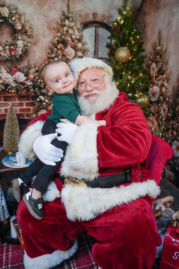 A sequence of four festive holiday photos showing a child interacting with Santa Claus in a traditional red suit.
