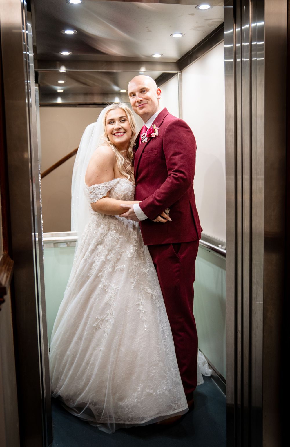 A series of photos showing a couple in formal attire posing together in an elevator.