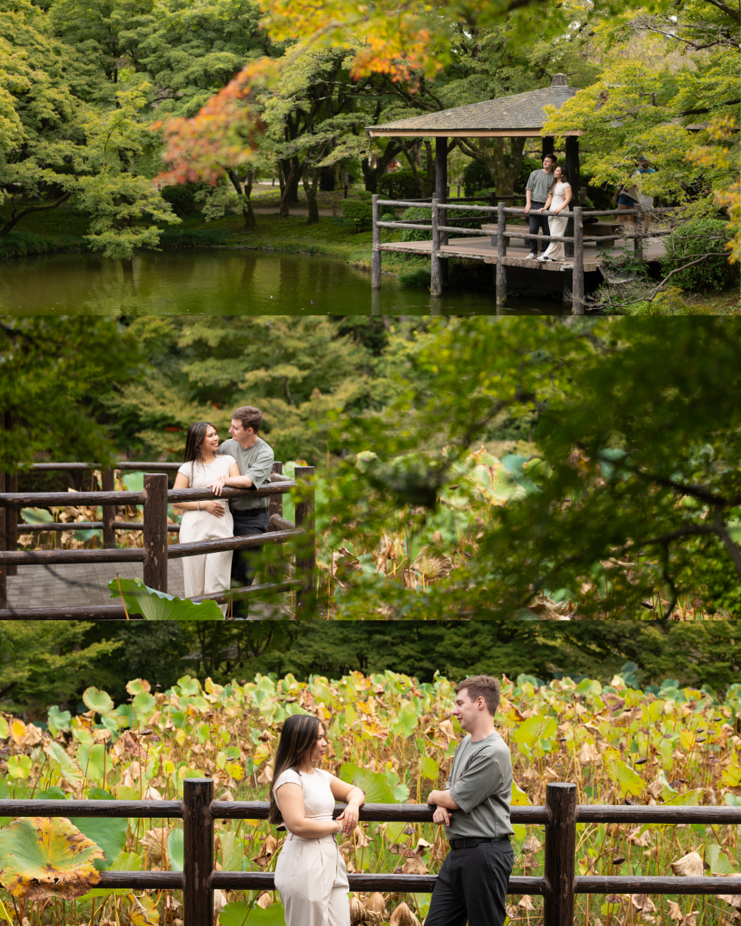 Couple enjoying a romantic moment on a wooden bridge over a serene Japanese garden pond.