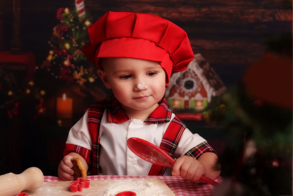 Seven festive holiday baking photos show hands mixing cookie dough and decorating treats with red and white Christmas theme.