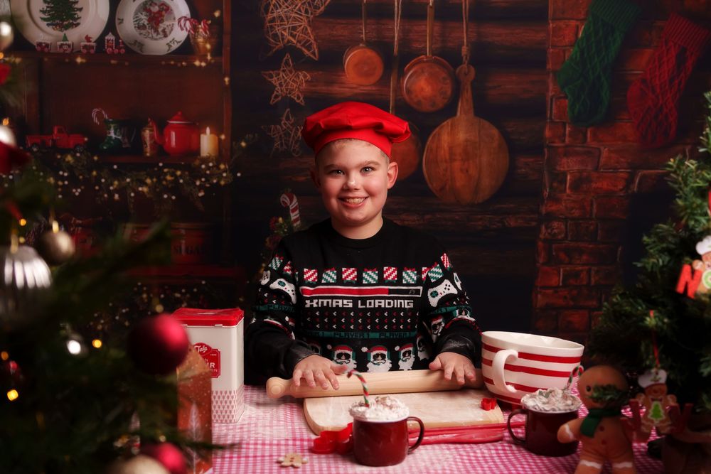 Cozy Christmas scene with red and white checkered tablecloth, hot cocoa, and holiday decorations in warm lighting.