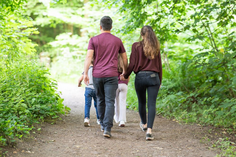 People walking together on a scenic wooded trail surrounded by lush green foliage on a summer day.