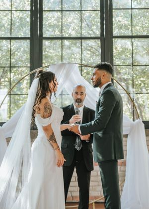A wedding ceremony lineup shows couples in white dresses and dark suits standing in a bright windowed venue.