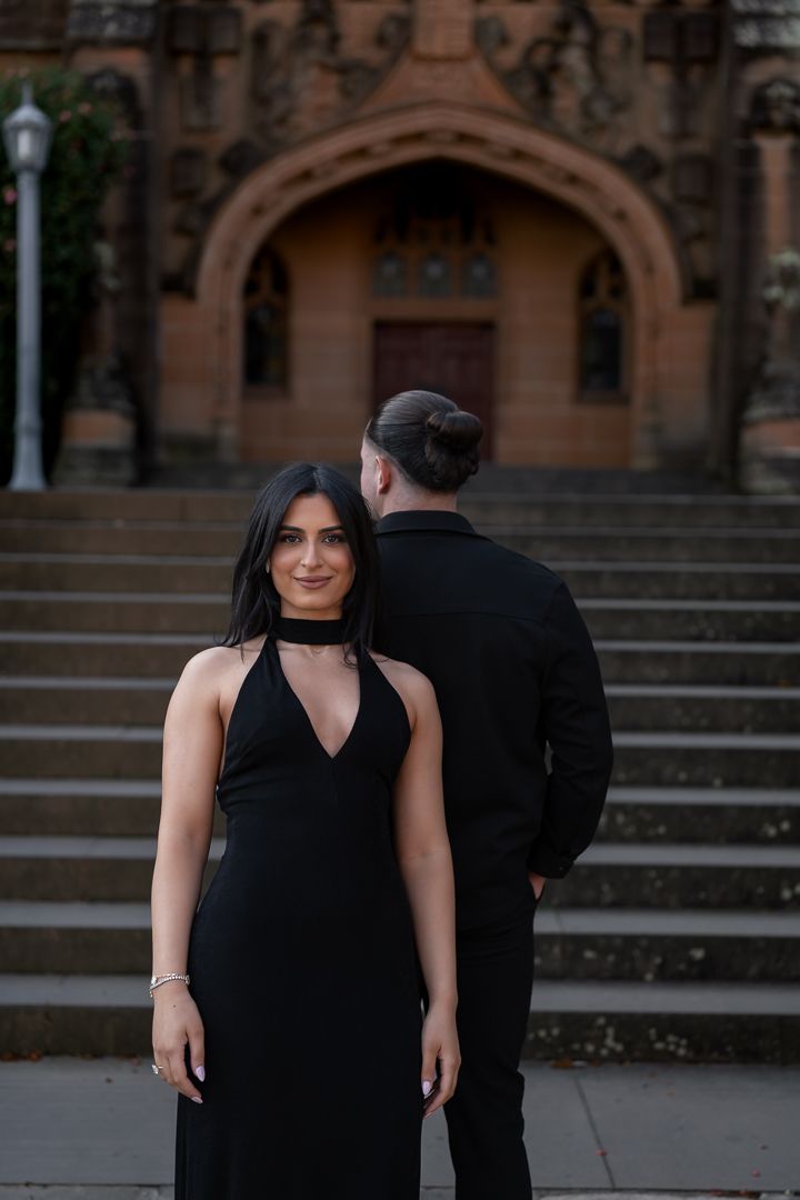 Artistic portrait series against gothic church architecture featuring a couple in formal black attire.