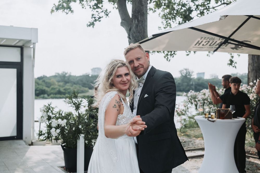 A series of wedding photos showing couples celebrating at an elegant outdoor venue with scenic views.