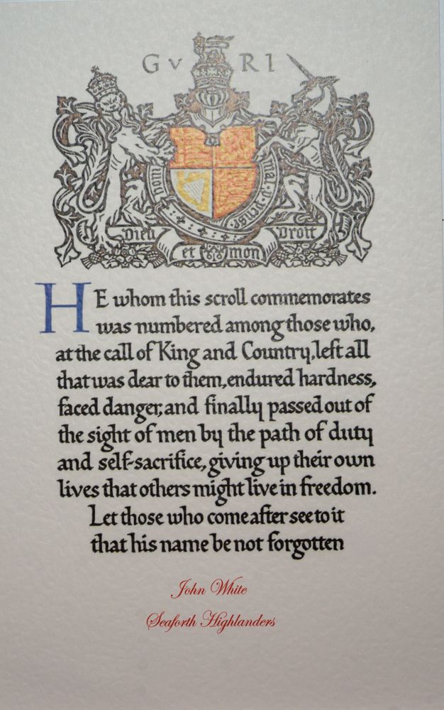 Ornate scroll commemorating sacrifice with decorative heraldic designs and calligraphic text about duty and freedom.