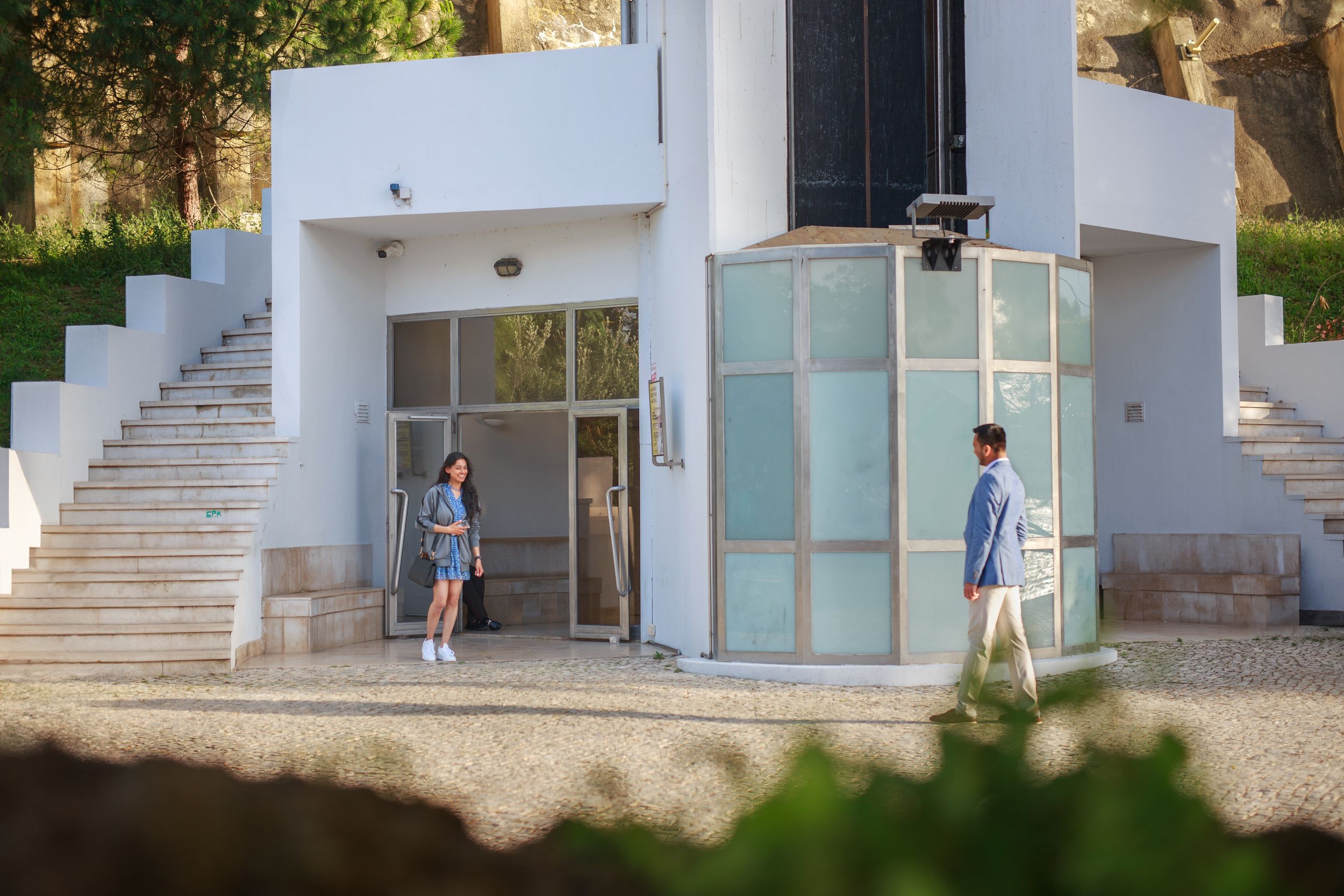 Modern white building entrance with glass doors and concrete stairs in a sunny garden setting.