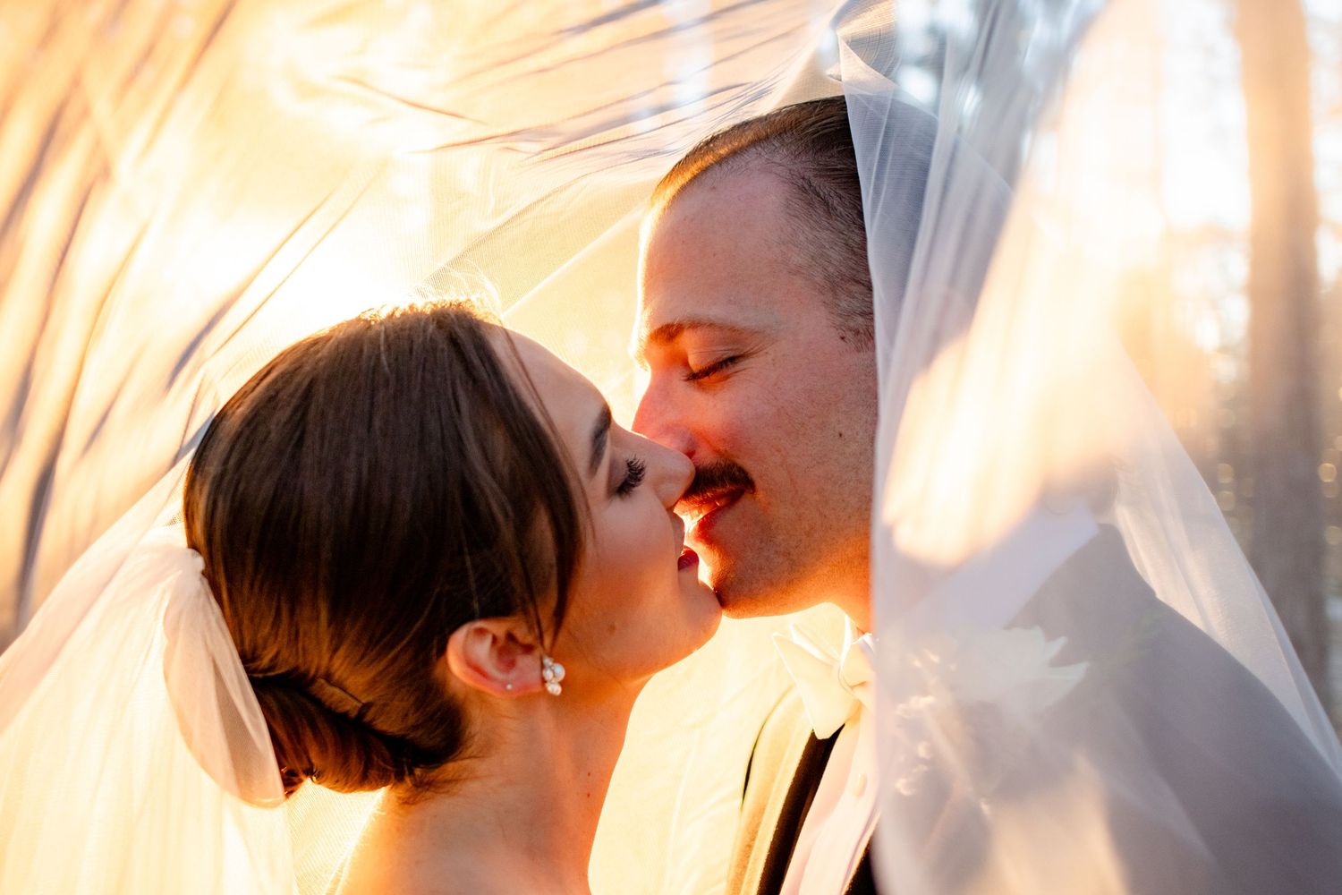 Soft glowing wedding portraits with golden light filtering through a delicate veil.