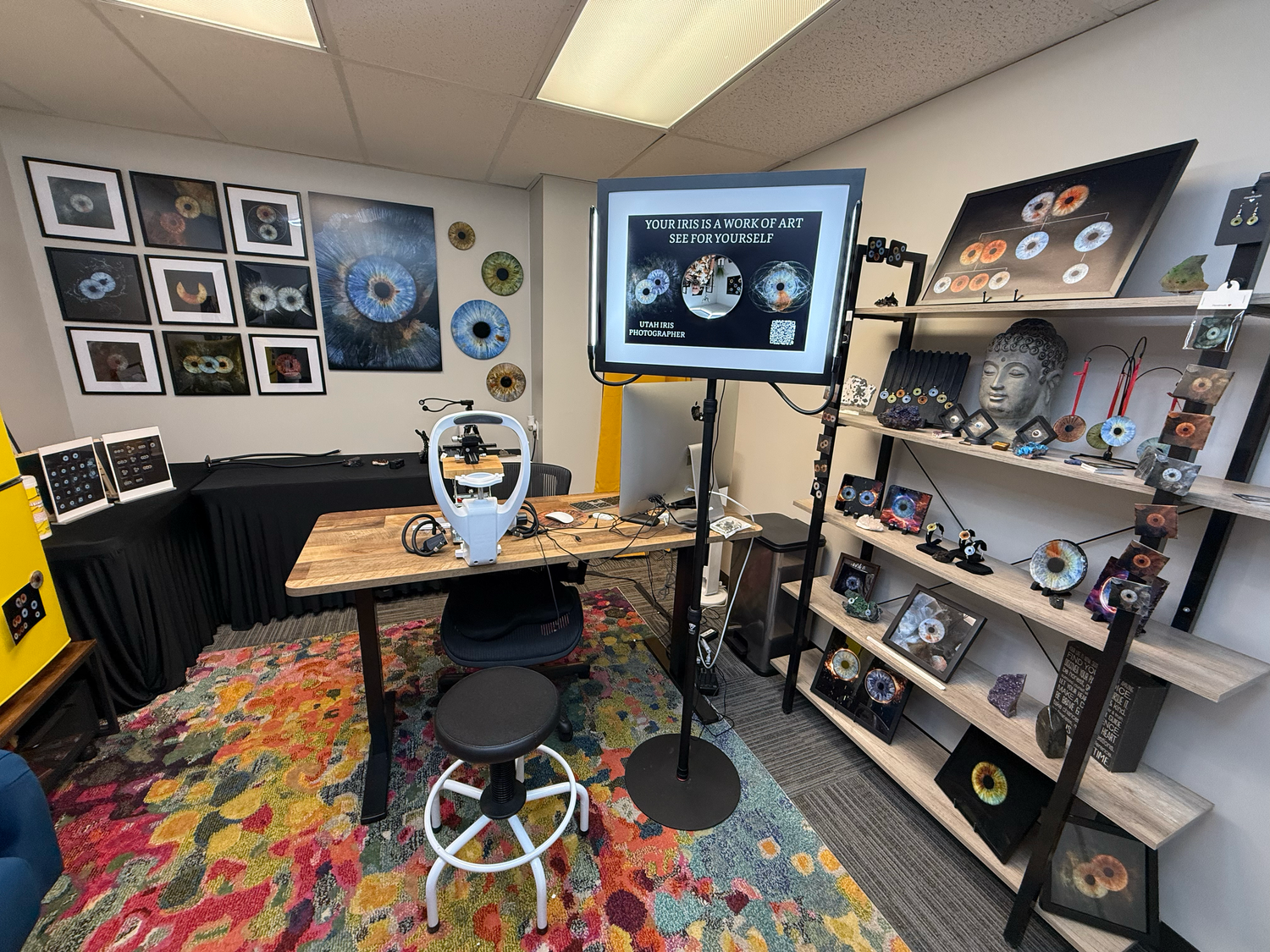 Modern office space with colorful rugs, white desks, shelving units displaying artwork and collectibles, and computer workstations.