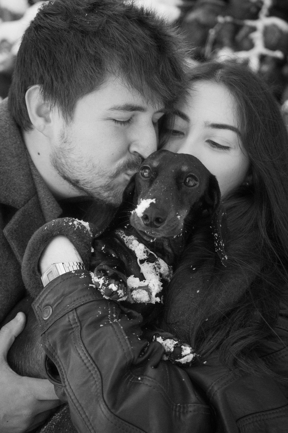 Black and white winter photo with couple and dog playing in snow.