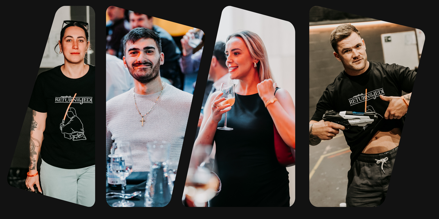 A collection of candid photos showing people interacting and socializing in casual indoor settings.