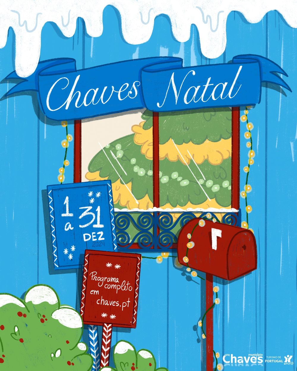 Illustrated winter scene with Christmas decorations and snowfall in blue tones.