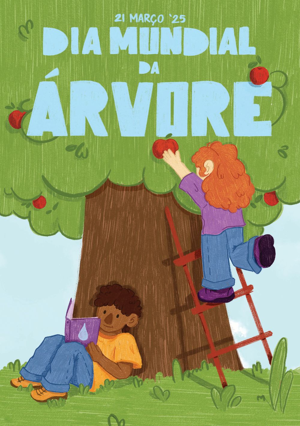 Colorful children's illustration showing tree planting scene for World Tree Day.