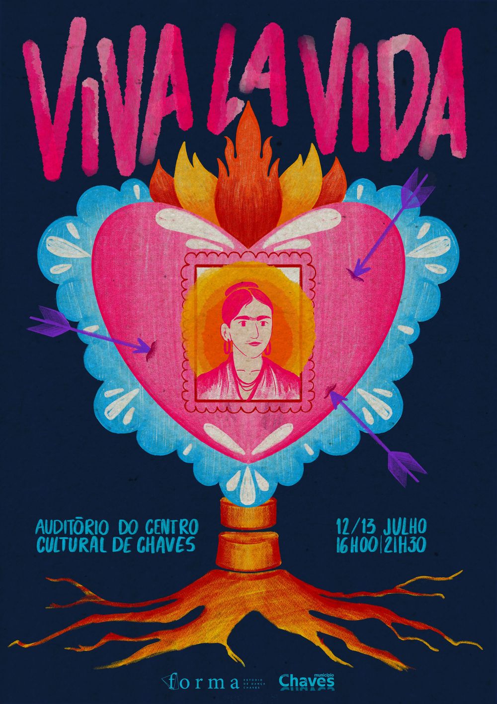 Vibrant poster design for 'Viva la Vida' cultural event with pink and orange floral motifs.