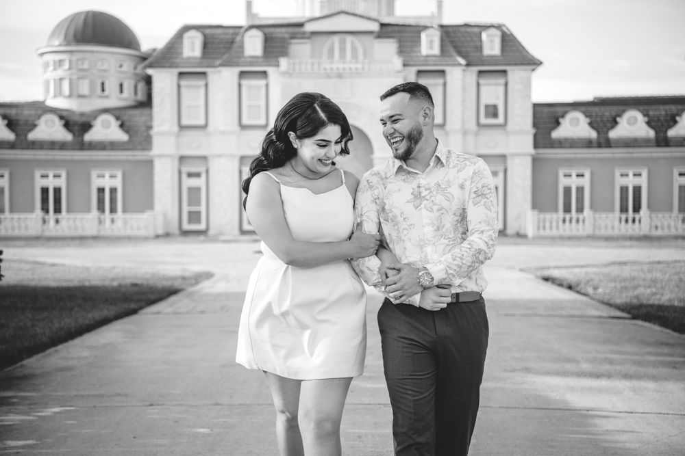 A black and white photo sequence shows a couple walking together and sharing tender moments on a paved path.