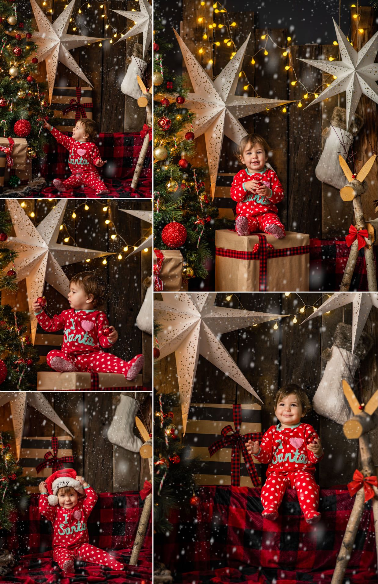 Festive holiday photo collage with red pajamas, white star lanterns, and Christmas tree against rustic wooden backdrop.