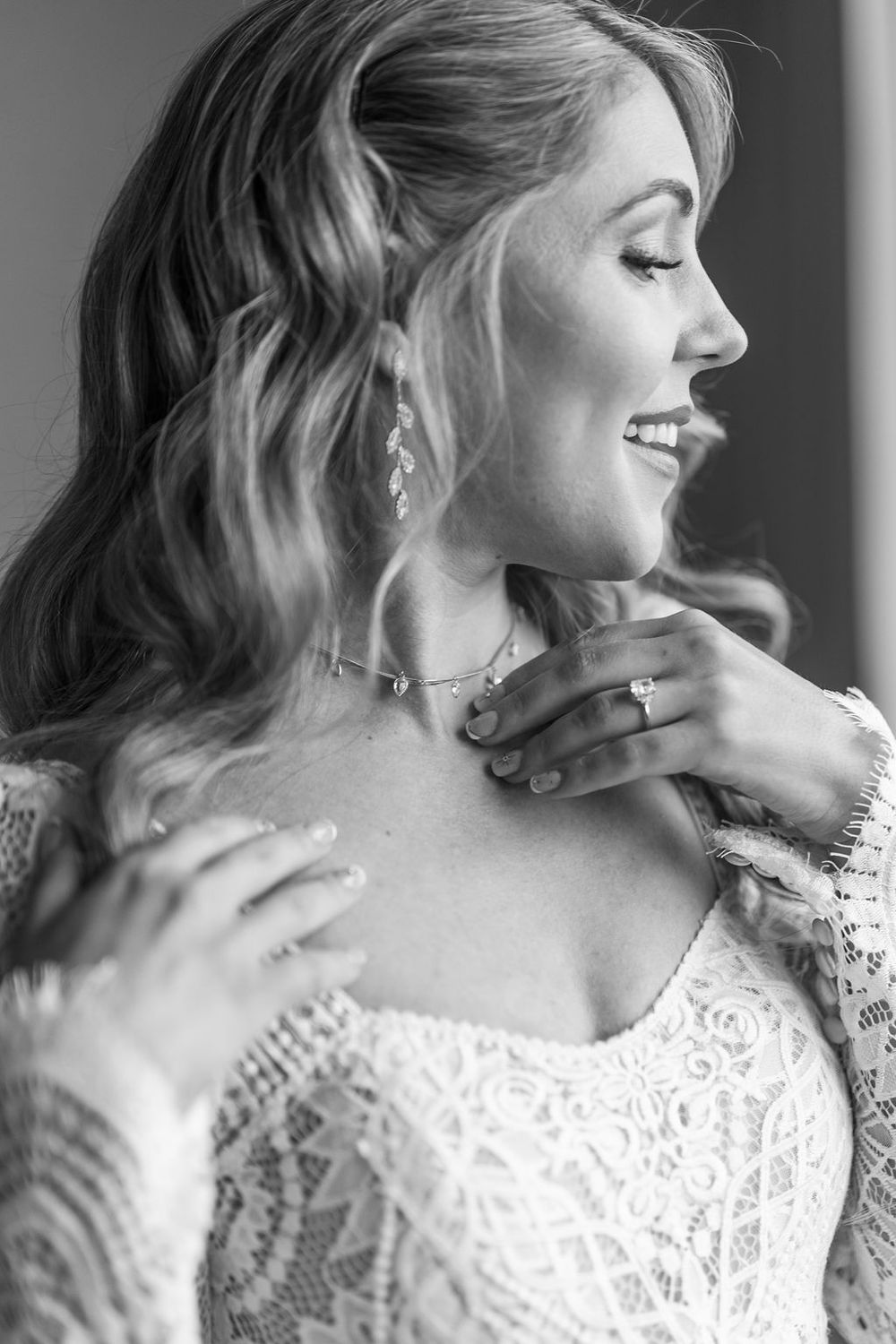 Black and white profile portraits showing a woman in white lace smiling and looking to the side in various poses.