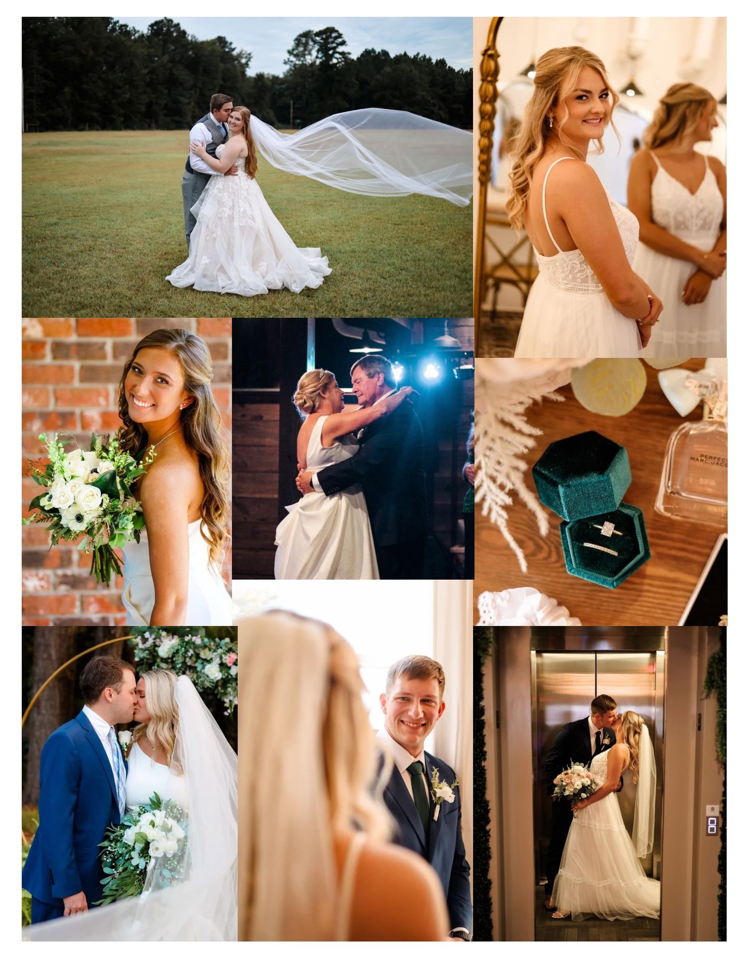 Wedding photo collage featuring romantic moments, details, and dance floor celebrations.