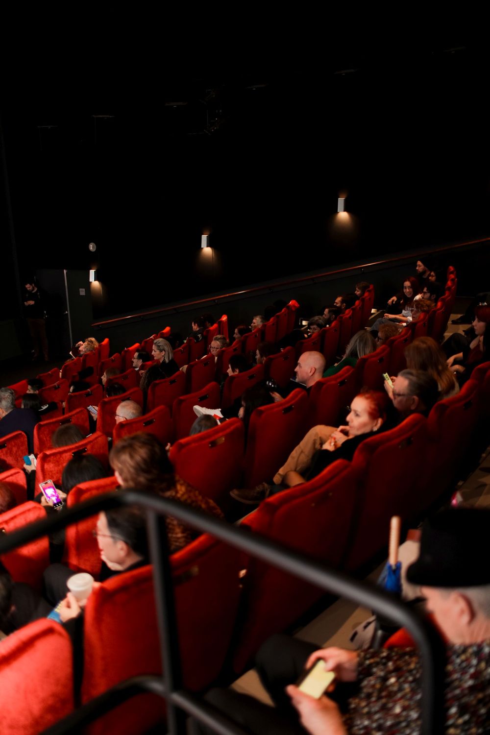 Audience members seated in red theater chairs watch a film screening in a dimly lit cinema.