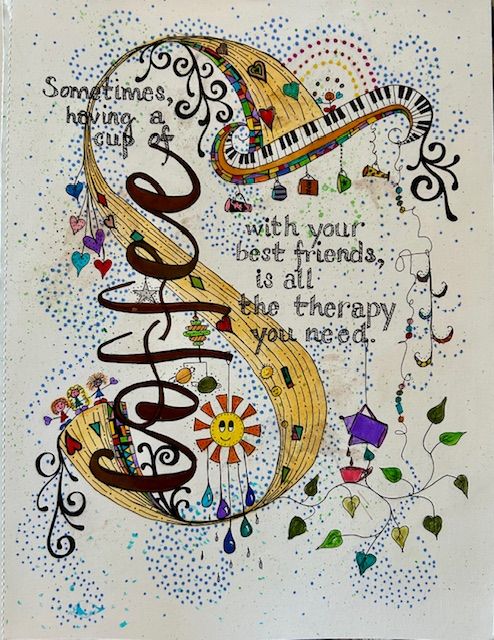 Whimsical music-themed artwork with piano keys, swirls, and colorful decorative elements.
