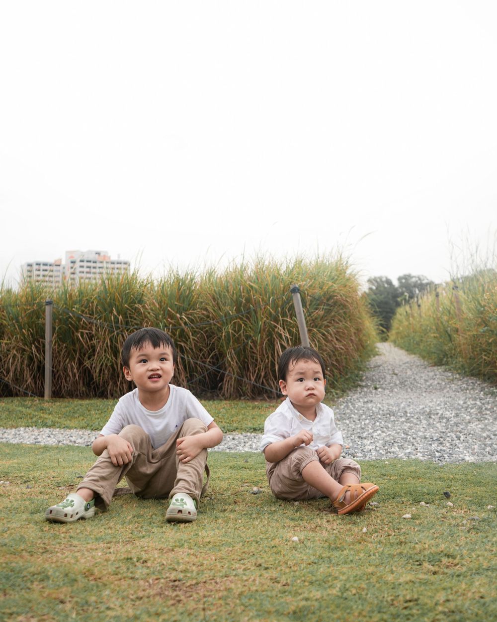 Two young children sit playfully on grass near a gravel path and tall reeds.
