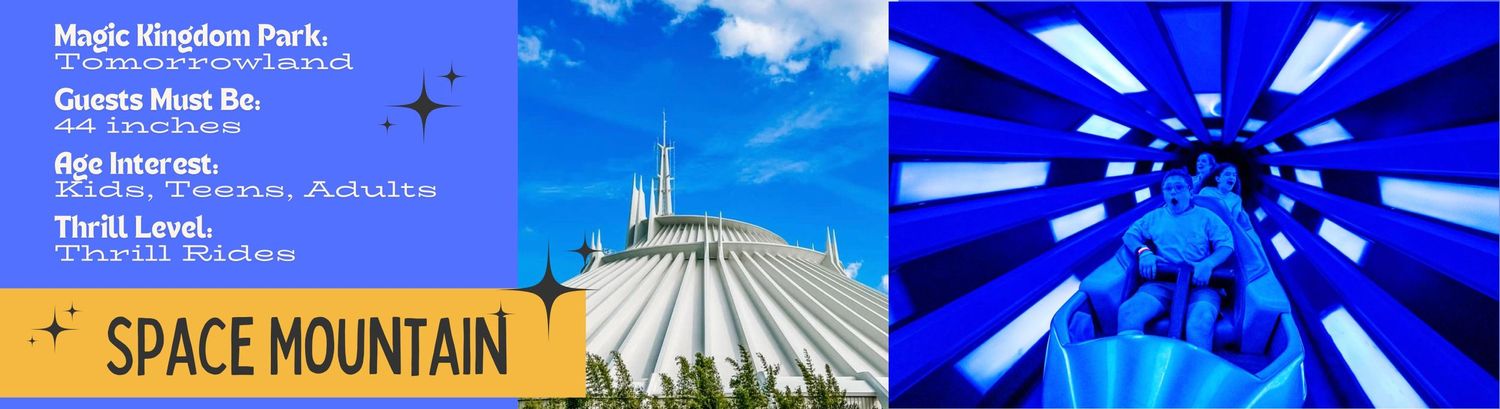 Space Mountain and colorful abstract tunnel lights at Disney theme park with bright blue hues and geometric shapes.