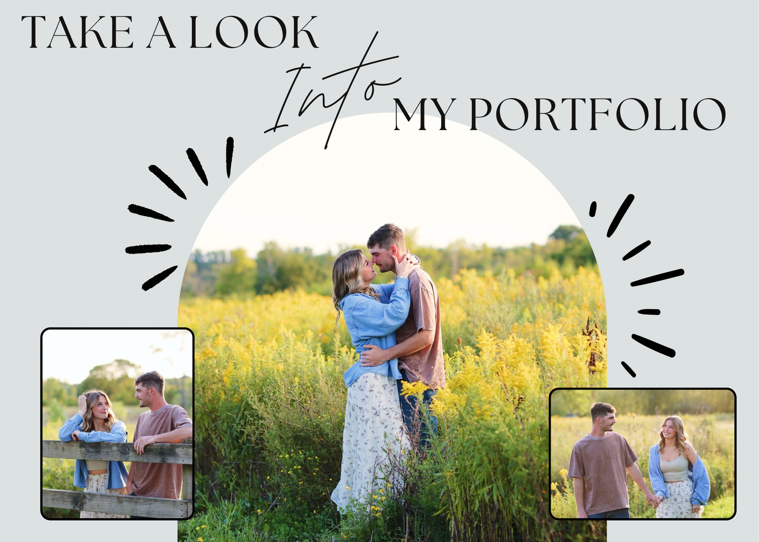 Portfolio showcase design with multiple romantic couple photos in outdoor settings.