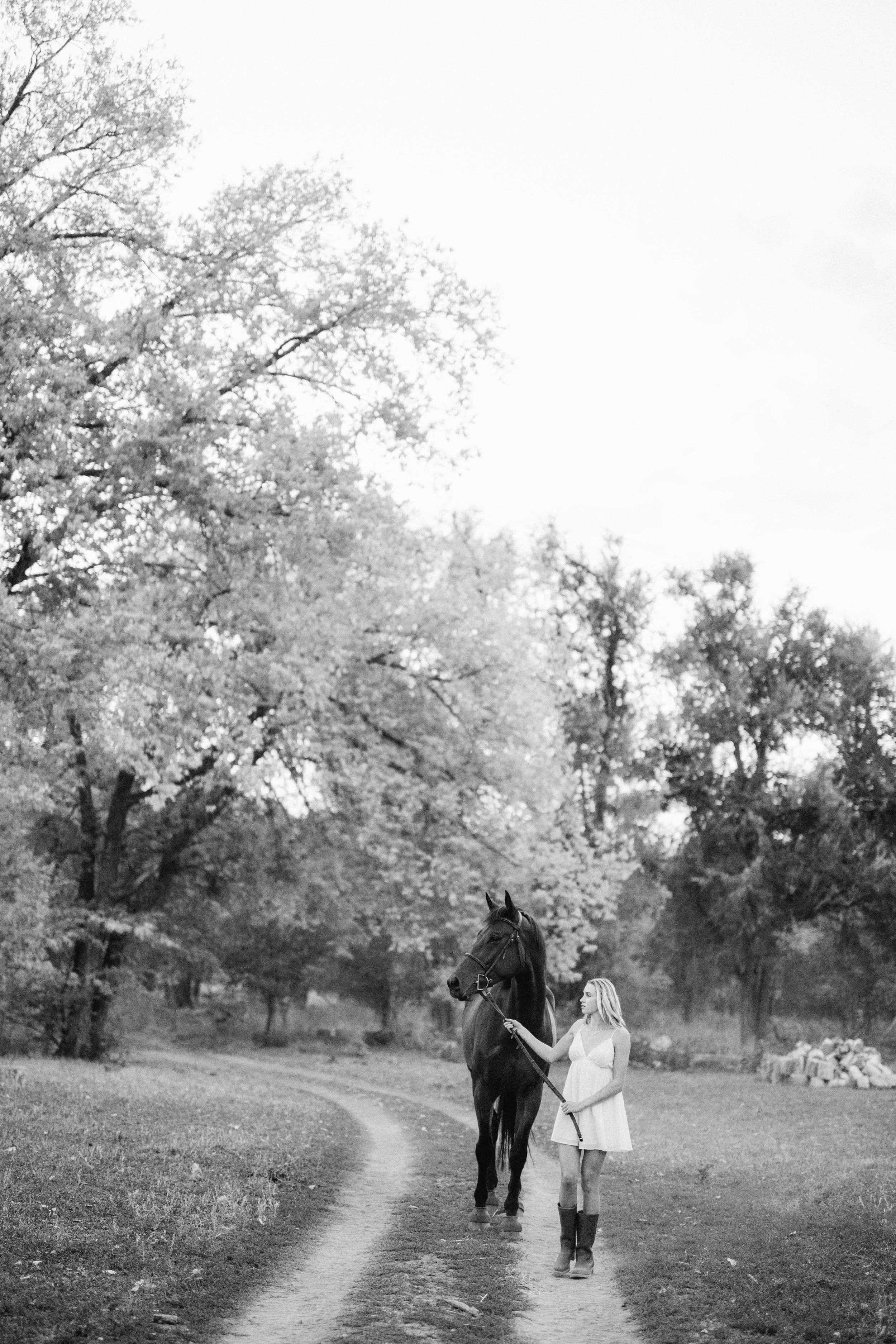 A black and white photo showing someone walking with their horse down a tree-lined path.