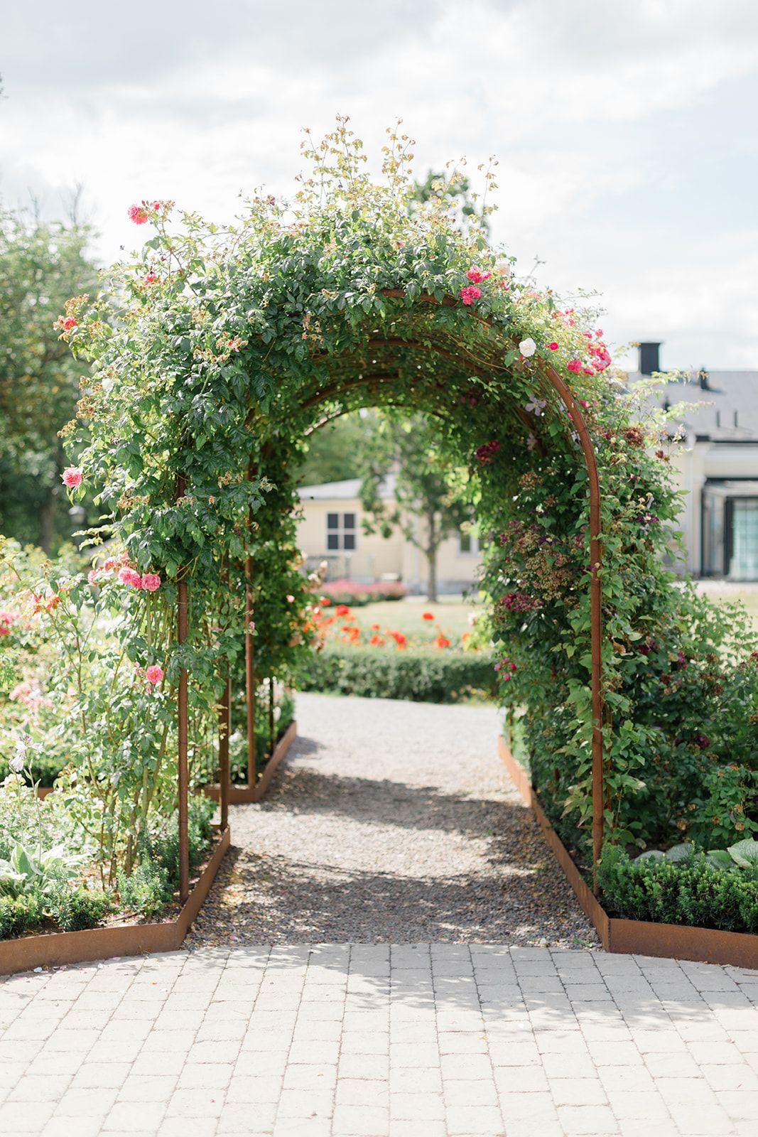A series of connected photos showing a curved garden arch covered in climbing roses and greenery on a paved pathway.