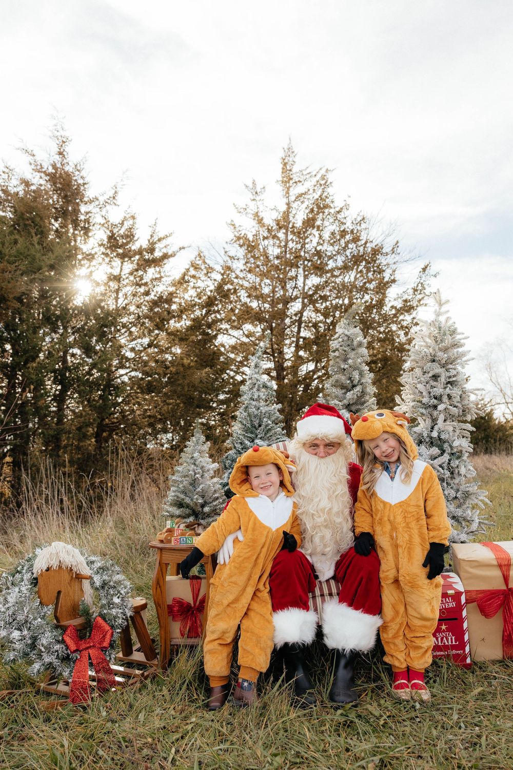 A series of holiday photos showing a festive outdoor scene with snowy trees and red and yellow clothing.