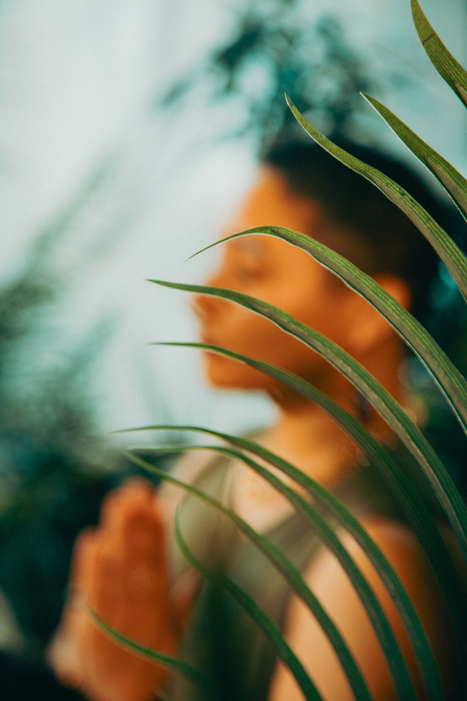 Person meditating with hands in prayer position behind lush green tropical plant leaves.