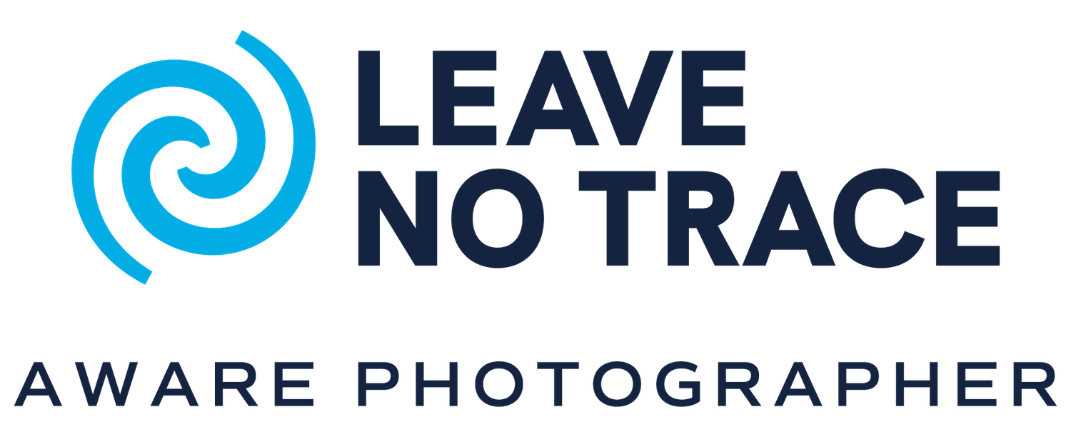 Three circular badges showing Leave No Trace and Aware Photographer certifications with blue and white designs.