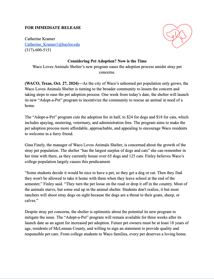 Press release announcing Waco Loves Animals Shelter Adopt-a-Pet program to reduce stray pet population in Waco Texas.
