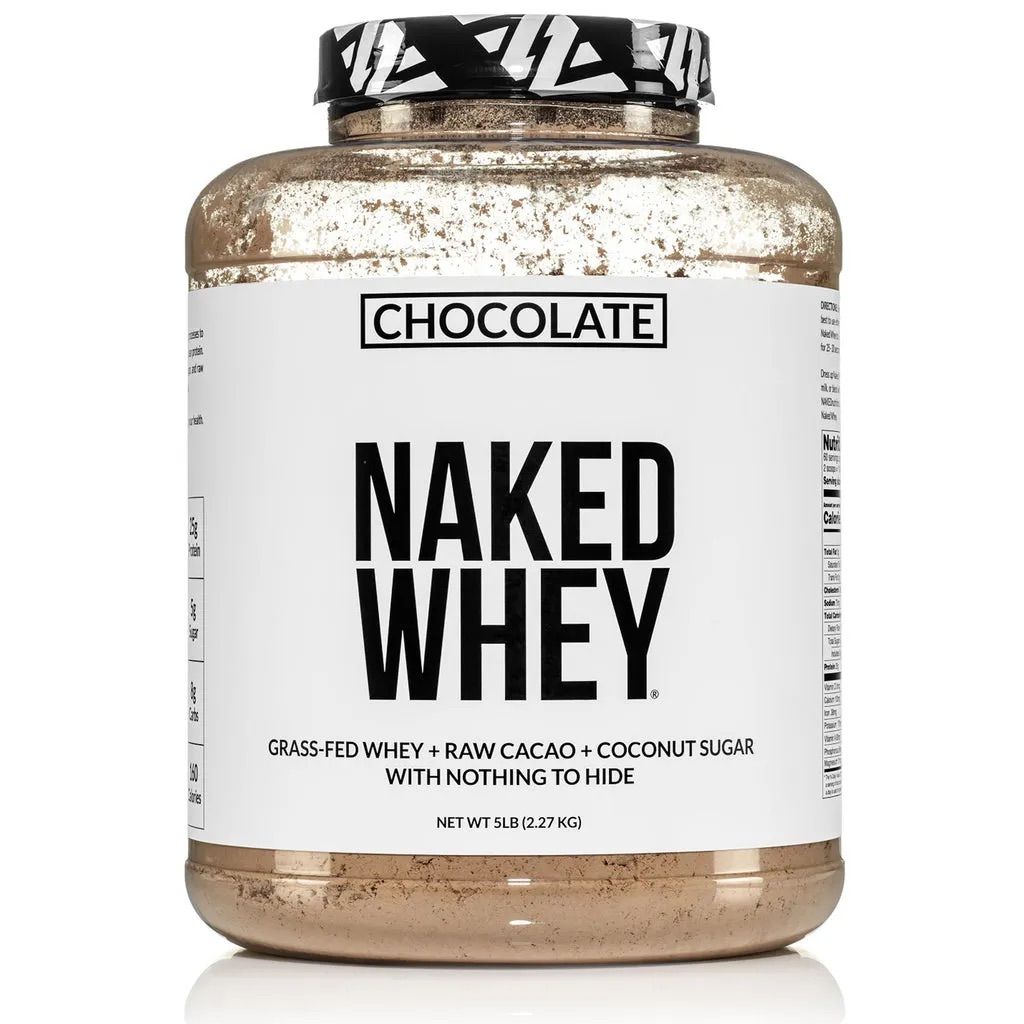 Large container of chocolate flavored Naked Whey protein powder with black and white lid and minimalist packaging design.