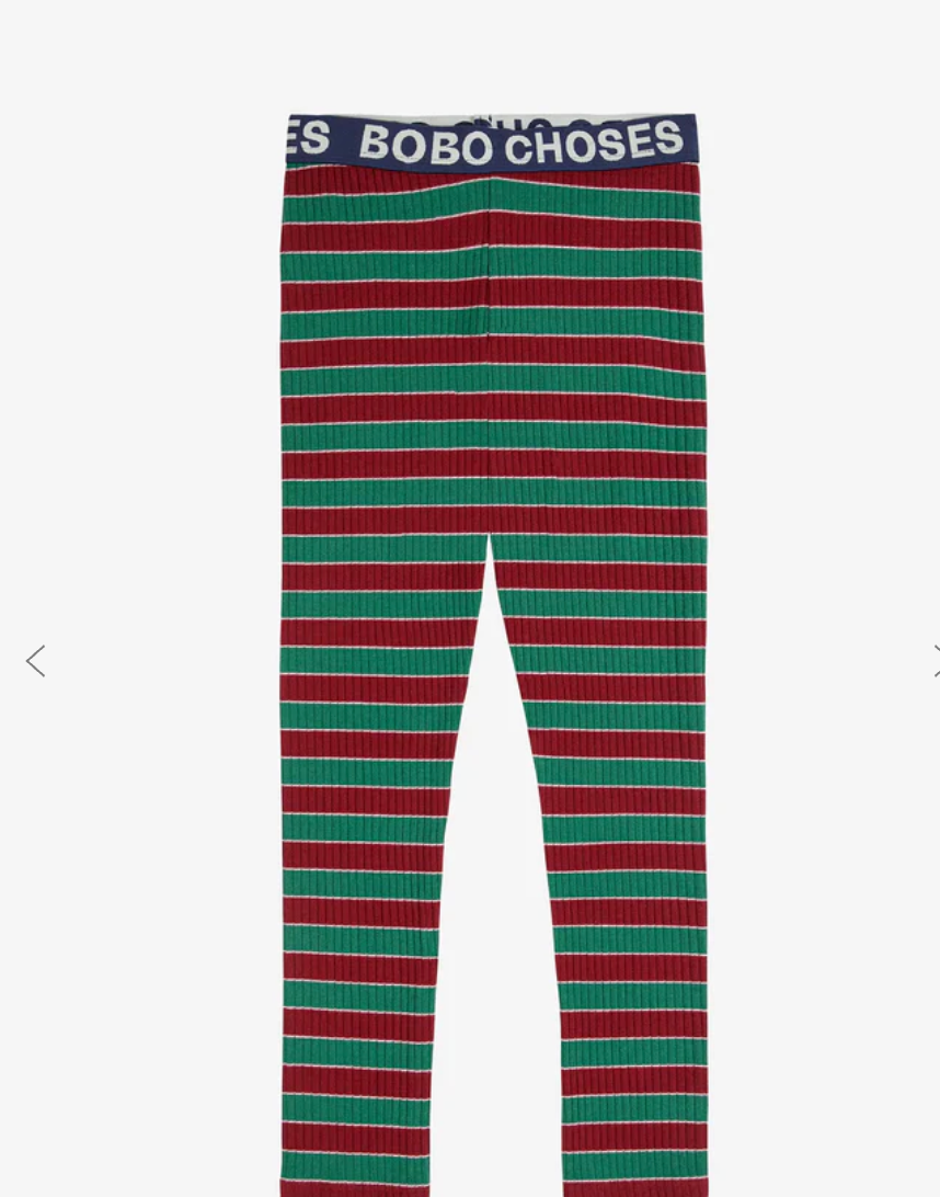 Red and green striped leggings with Bobo Choses branding on the waistband.
