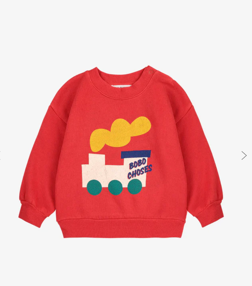 Red sweatshirt with colorful abstract cloud design and blue accent stripe on white background.