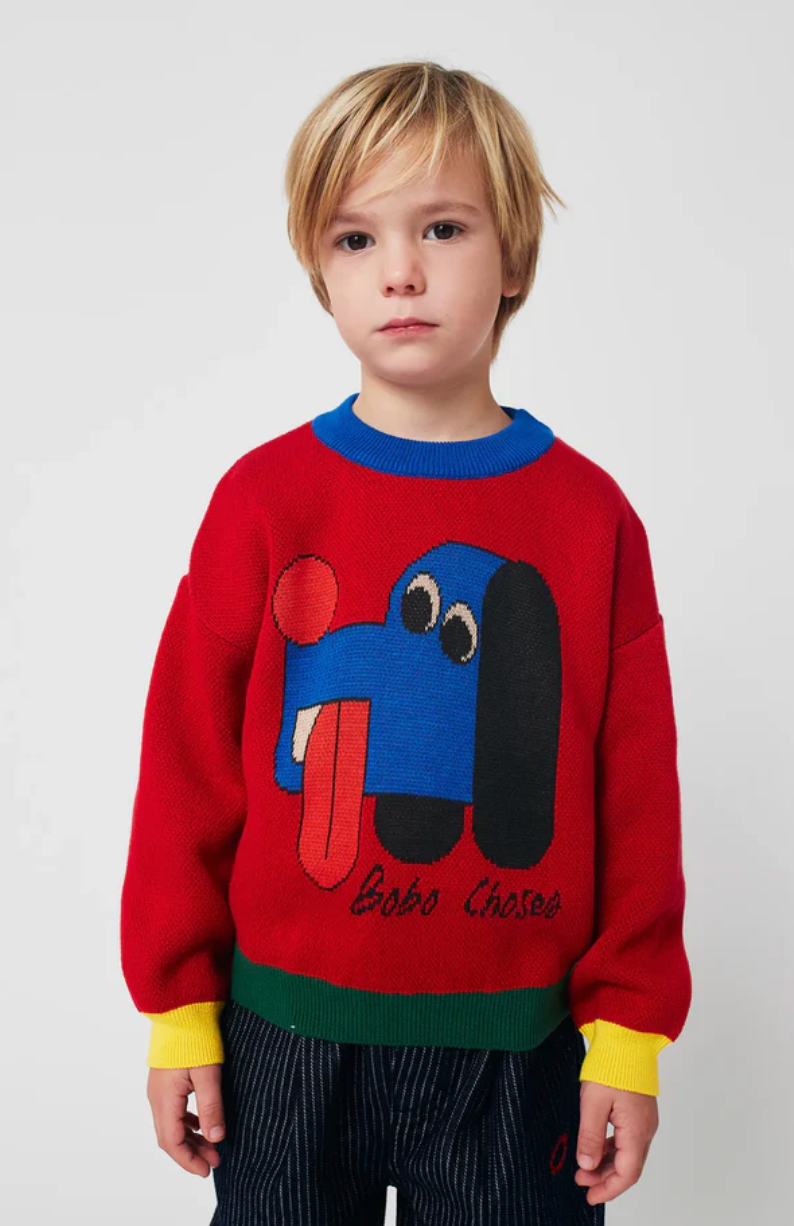 A child wearing a red sweater with a blue and black cartoon dog design and yellow cuffs.