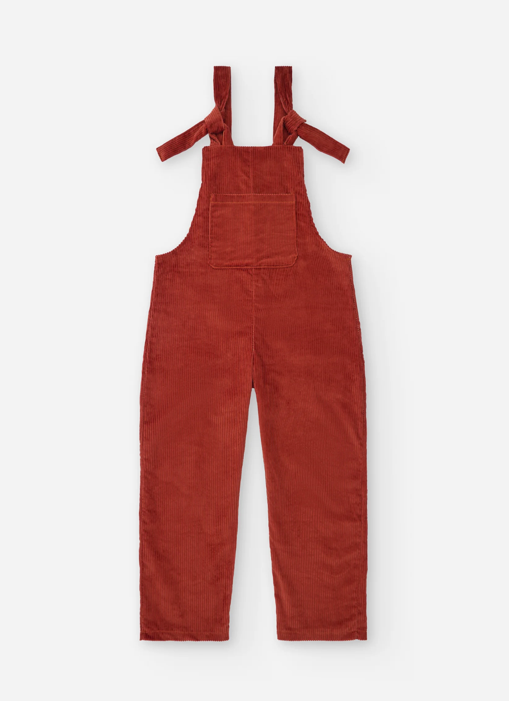 Red corduroy overalls for children shown from multiple angles against a white background.