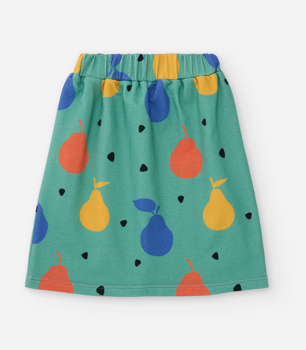 Teal cotton skirt with colorful fruit pattern and black hearts features elastic waistband and A-line silhouette.